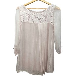 Amanti 100% Silk Blouse Made in Italy Lace Trim Top Size Small